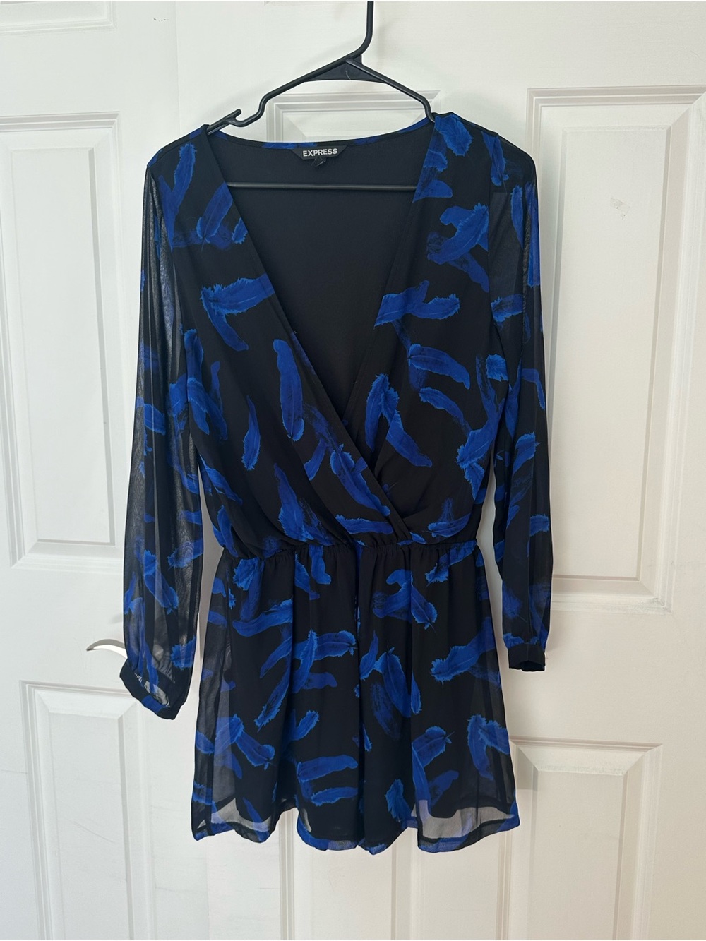 Express Black and Blue Brushstroke Wrap Romper Dress